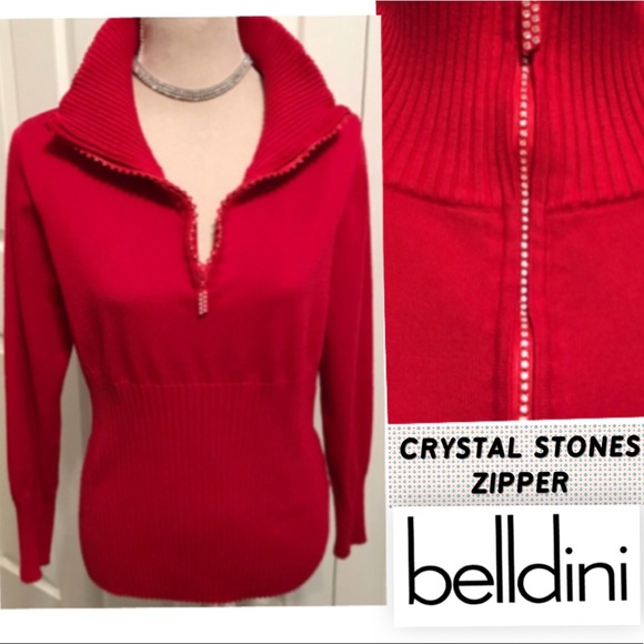 Belldini Sweaters - Belldini, Mock Collar Rhinestone Zip Knit Sweater